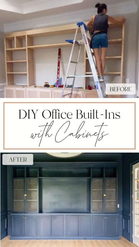 Ikea Cabinet Built Ins, Diy Built In Desk With Cabinets, Diy Office Built Ins With Desk, Built In Office Desk And Cabinets, Home Office Built Ins With Desk, Diy Wall Unit, Diy Built In Desk, Stock Cabinet, Home Office Built Ins