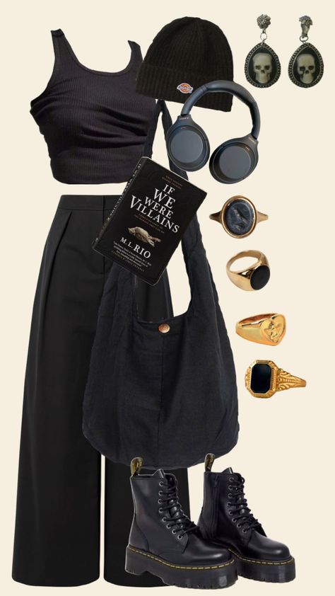 #dark #black #outfitinspo 🌑🎥🖤 Shirt And Wide Leg Pants, All Black Fit, Look Grunge, Loose Long Sleeve, Concert Fits, Mode Inspo, European Summer, Edgy Outfits, Casual Style Outfits