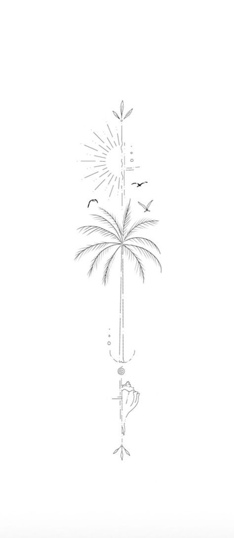 #follow #tattoos #tattooart #tattooideas #blogging #blogger #blog Beach Tattoo Linework, Beachy Forearm Tattoo Women, Vertical Travel Tattoo, Coastal Flower Tattoos, Cute Tropical Tattoos, Fine Line Palm Leaf Tattoo, Spine Tattoos Travel, Delicate Hawaiian Tattoo, Vertical Ocean Tattoo