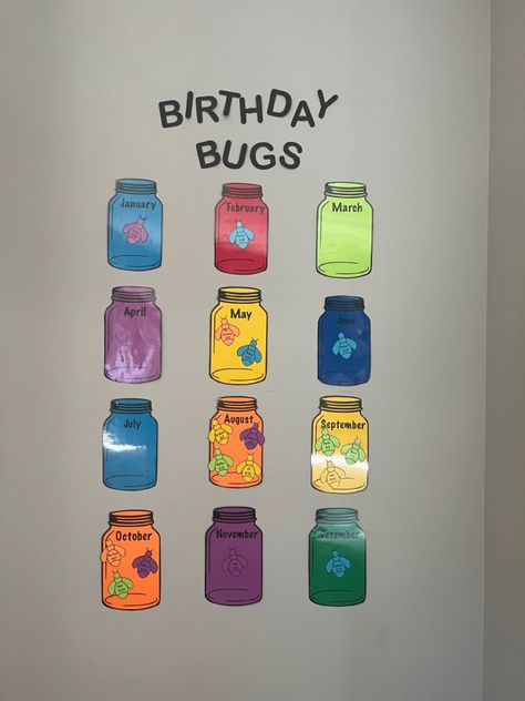 Birthday Bugs for classroom wall! Infant Classroom Art Display, Theme Classroom Ideas Preschool, Birthday Bugs Bulletin Board, Pre K Classroom Bulletin Boards, Birthday Walls For Classroom, Bug Classroom Theme Decor, Classroom Art Display Wall Preschool, Elementary Classroom Wall Decor, Birthday Board Classroom Ideas