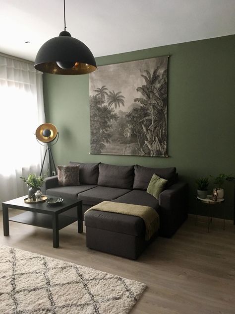 Grey And Green Apartment Living Room, Green Grey Living Room Decorating Ideas, Olive Green Wall Living Room Ideas, Gray Living Room Blue Rug, Small Living Room Ideas Sage Green, Cosy Sage Green Living Room, Green Grey Black Wood Living Room, Small Living Room Ideas Olive Green, Olive Green Small Living Room