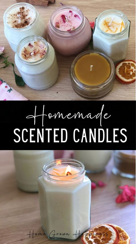 These homemade scented candles use recycled jars and their scents and colours can be tailored to what you like. Buying a good scented candle is pricy, but making them at home doesn’t have to be. I absolutely love candles and have been known to spend a pretty penny on them in the past. I’m kicking myself that I didn’t start making these sooner because they are so easy! And the repurposed jars can be used over and over again. How To Make Jar Candles, Natural Scents For Candle Making, Making Candles With Fresh Herbs, Best Homemade Candle Scents, How To Make Candles Easy, How To Make A Homemade Candle, Diy Making Candles, How To Make Your Own Candles Diy, Best Diy Candle Scents