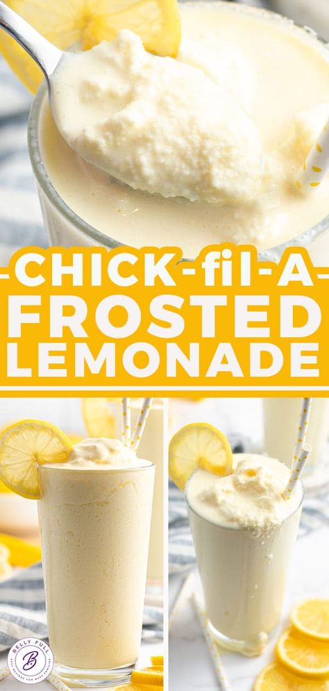 Chick-fil-A Frosted Lemonade Recipe {Copycat} - Belly Full Frosted Lemonade Recipe, Frosted Lemonade, Drink Recipes Nonalcoholic, Frozen Lemonade, Smoothie Drink Recipes, Lemonade Recipe, Lemonade Recipes, Jello Shots, Punch Recipes