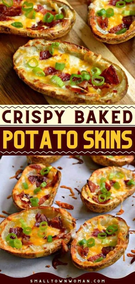 Crispy Potato Skins, Potatoe Skins Recipe, Baked Potato Skins, Crispy Baked Potatoes, Superbowl Party Food, Potato Skins, Think Food, Super Bowl Food, Football Food