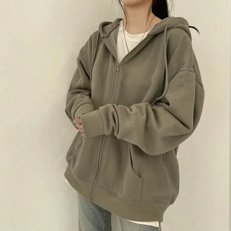 Closette Zip-Up Hoodie | YesStyle Hoodies Winter Outfit, Korean Zip Up Hoodie Outfit, Cute Zip Up Hoodies, Zip Uo Hoodie Outfit Aesthetic, Basic Zip Up Hoodie, Hoodie Color Ideas, Sage Green Zip Up Hoodie Outfit, Outfits With Hoodies Casual, Zip Up Hoodie And Jeans Outfit