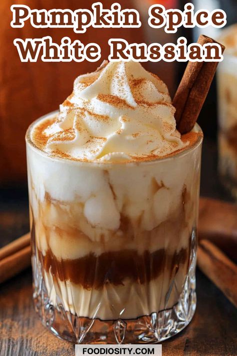 Combine the cozy flavors of fall with a classic cocktail in this Pumpkin Spice White Russian! Creamy, smooth, and spiced just right, it's the perfect drink to enjoy as the weather cools down. Click to discover the full recipe and bring a taste of autumn to your glass! Polish Cocktail Recipes, Pumpkin Pie Cream Liquor Drinks, Alcoholic Pumpkin Drinks, Creamy Fall Cocktails, Cinnamon Vanilla White Russian, Pumpkin White Russian Cocktail, Fall White Russian Cocktails, Egg Nog White Russian, Pumpkin Spice Alcoholic Drinks