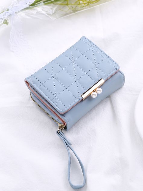 Baby Blue Fashionable Collar  PU Leather Quilted Small Wallet Embellished   Women Bags Cute Wallet, Wallet Cute, Purple Quilts, Cute Wallets, Blue Wallet, Women Wallet, Pearl Decor, Gift Business, Small Pouch