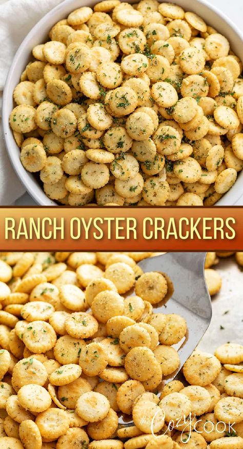 Ranch Oyster Crackers are an easy snack recipe for kids and adults! They make a great homemade gift idea and are a nice addition to soups. Oysters Crackers Seasoned, Firecracker Oyster Crackers Recipe, Crackers Snacks Ideas, Seasoned Soup Crackers, Dill Pickle Oyster Crackers, Trash Crackers, Salty Snacks To Make, Oyster Cracker Recipes, Oyster Cracker Snack Recipes