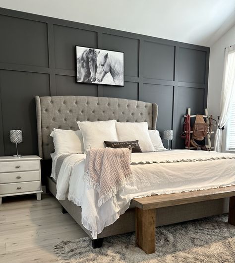 Master Bedroom Accent Wall King Bedroom Accent Wall, Accent Master Bed Wall, Accent Wall Molding Master Bedrooms, Bedroom Ideas Wall Panels, Accent Wall Paneling Bedroom, Farmhouse Bedroom With Accent Wall, Main Bedroom Ideas Master Suite Feature Wall, Accent Tv Wall Bedroom, Square Accent Wall Bedroom