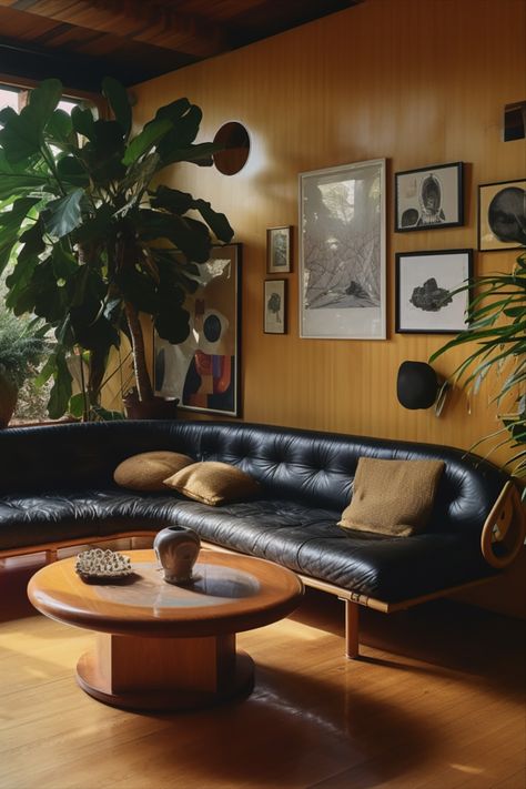 Interior Design Leather Couch, Brown Leather Mid Century Couch, Mid Century Modern Living Room Brown Leather Couch, Dark Brown Modern Living Room, Black And Brown Couches Together, 70s Style Living Room Modern, Mid Century Modern Living Room Black Sofa, Vintage Brown Leather Couch, Mid Century Modern Living Room Black