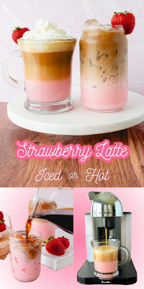 Indulge in the perfect balance of sweetness and caffeine with this delicious strawberry latte recipe. This pink velvet macchiato coffee is perfect for a cozy morning at home or a mid-day pick-me-up. Enjoy a hot strawberry latte or an iced strawberry latte at home today! Strawberry Coffee Recipes, Chocolate Covered Strawberry Latte, Cafe Drink Menu Ideas, Iced Latte Flavor Ideas, Coffee Shop Coffee Recipes, Coffe Ideas Drinks At Home, Strawberry Iced Latte, Cute Coffee Drinks, Strawberry Latte Recipe