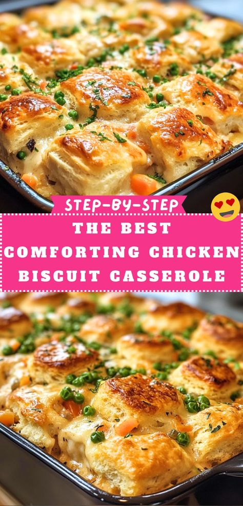 A golden-brown Chicken Biscuit Casserole topped with fluffy biscuits, green peas, and fresh parsley, baked to perfection in a black baking dish. Chicken Casserole Recipes No Cheese, Easy Baked Recipes Dinner, Biscuit Dishes Dinners, Cheddar Bay Chicken Bake, Easy Baked Chicken Casserole Recipes, Chicken And Biscuit Casserole Pillsbury, Comfort Dinners Easy, Chicken Rice Biscuit Casserole, Easy Chicken Biscuit Bake