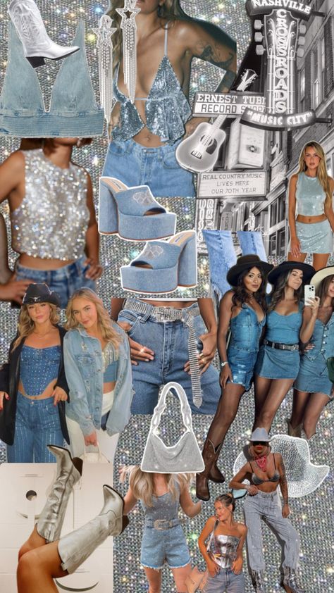 Denim Bachelorette Party, Denim Themed Party, Denim Cowgirl Outfit, Denim And Diamonds Party Outfit, Cowgirl Party Outfit, Cowgirl Bachelorette Party Outfits, Bachelorette Outfit Themes, Denim Party Outfit, Diamonds And Denim Party