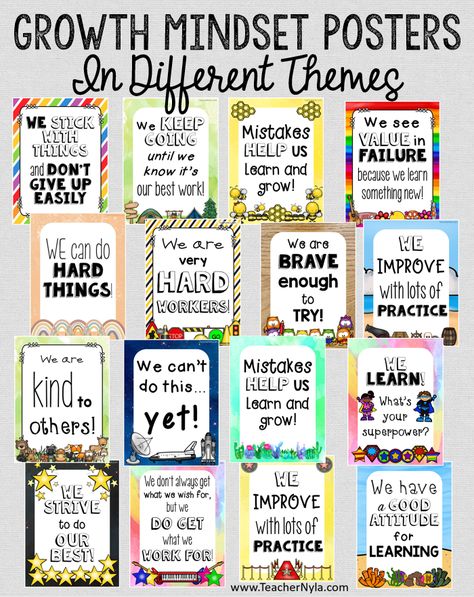 Growth Mindset Posters to make classroom bulletin boards. Lots of themes for your classroom! Power Of Yet Poster Free, Growth Mindset Classroom Theme, Growth Mindset Posters Classroom, Classroom Center Signs, Growth Mindset Display, Classroom Door Displays, Growth Mindset Bulletin Board, Growth Mindset For Kids, Posters For Classroom