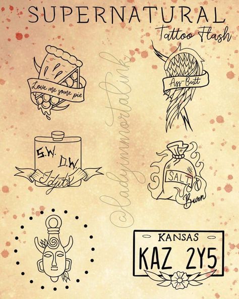 Supernatural Inspired Tattoo Flash Sheet. @ladyimmortalink #supernatural #supernaturaltattoos #tattoos #flashsheet Small Supernatural Tattoo Ideas, Supernatural Doodles Easy, Movie Tattoo Flash Sheet, Tiny Supernatural Tattoo, Supernatural License Plate Tattoo, Supernatural Minimalist Tattoo, Supernatural Drawings Ideas, Spn Drawings Easy, Cute Supernatural Tattoos