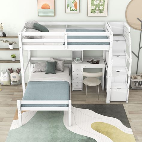 Kids Bedroom 2 Beds, Teen Bunk Bed Ideas, Small Bedroom Bunk Bed Ideas, Girls Room Bunk Beds, Small Bedroom Bunk Bed, Corner Loft Beds, Teen Bunk Beds, Bed With Desk Underneath, Small Shared Bedroom