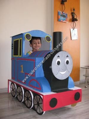 Homemade Thomas The Engine Costume: My son has a fascination for automobiles. Thomas “The Tank Engine” has always been his favourite.  It was for his Pre-School fancy dress competition that Thomas The Train Costume, Thomas Costume, Stroller Costume, Train Costume, Old Halloween Costumes, Homemade Costumes, Halloween Costume Contest, Homemade Halloween, Thomas The Tank