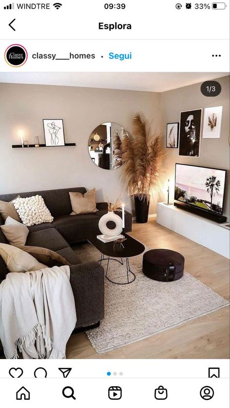 Dark Gray Couch Beige Walls, Brown Sofa Lounge Ideas, Dark Gray Sectional Living Room Decor Cozy, Black And Mocha Living Room, Brown Aesthetic Living Room Ideas, White And Charcoal Living Room, Brown Gray Couch Living Room Ideas, Black Couch Tan Walls, Grey Couch With Black And Brown Accents