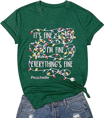 Christmas Party Tops, Im Fine, Letter Print Tee, Casual Wear Women, Tshirt Women, Merry Christmas Shirts, Funny Christmas Shirts, Everything Is Fine, Women Christmas