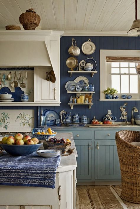 coastal kitchen decor, nautical home design, beach themed kitchen, maritime color scheme Seaside Cottage Kitchen, Nautical Kitchen Ideas, Nautical Paint Colors, Nautical Interior Design, Coastal Inspired Kitchens, Seaside Kitchen, Cozy Kitchens, Nautical Kitchen, Nautical Interior