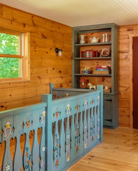 Swedish Cottage in Wisconsin Countryside | Town & Country Living Farmhouse Hallway Ideas, Wisconsin Countryside, Swedish Cottage Interior, Floor Bedroom Ideas, Cottage Stairs, Knotty Pine Paneling, Hallway Design Ideas, Original Farmhouse, Farmhouse Hallway