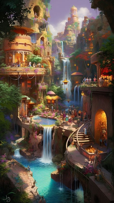 Oasis Kingdom Fantasy Art, Tropical Kingdom Fantasy Art, Fantasy Mexican City, Island City Fantasy Art, Summer Kingdom Fantasy Art, Fantasy Tropical Village, Fantasy Oasis Art, Oasis City Fantasy Art, Island People Fantasy Art