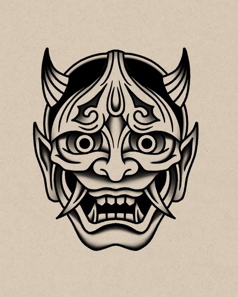 American Traditional Hannya Mask, Old Tattoo Style, Demon American Traditional Tattoo, Traditional Style Clown Tattoo, Mexican Mask Tattoo, Omni Mask Tattoo Design, Black Flash Tattoo Traditional, Old School Tattoo Men Ideas Traditional Styles, Traditional American Tattoo Flash