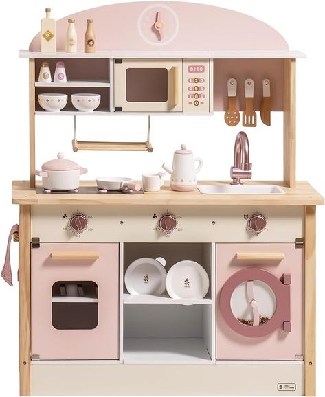 Cute Play Kitchen, Toddler Play Kitchen Area, Kids Kitchen Storage, Play Kitchen Set Up, Toys Kitchen Set, Kitchen Toys For Kids, Pink Play Kitchen, Girls Kitchen Set, Wooden Kids Toys