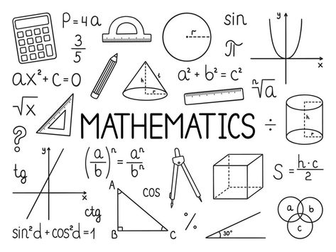 Mathematics doodle set. Education and study concept. School equipment, maths formulas in sketch style. Hand drawn ector illustration isolated on white background Maths Written In Calligraphy, Math Related Drawings, Maths Related Drawings, Math Drawings Sketch, Mathematics Calligraphy, Cute Math Doodles, Maths Drawings Ideas, Math Doodle Art Ideas, Math Journal Ideas