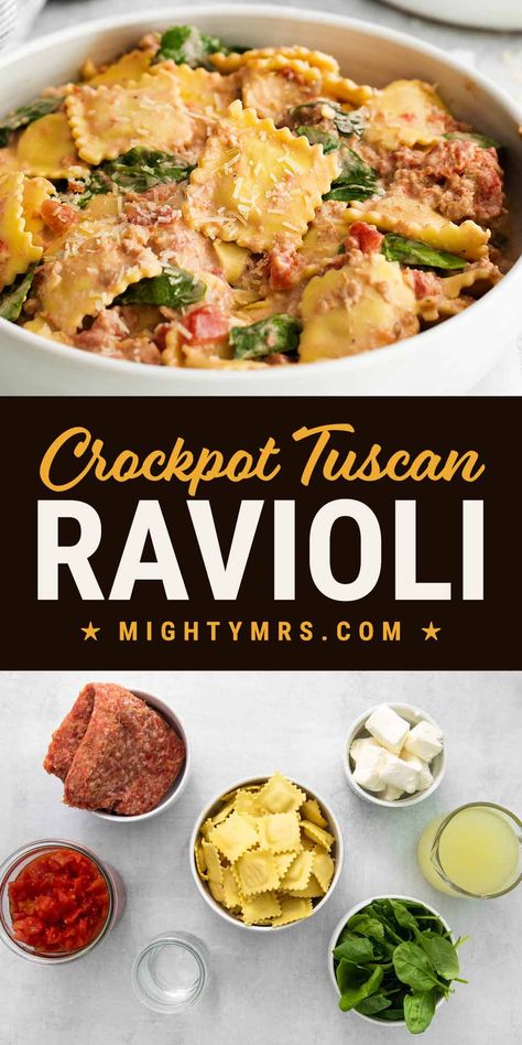 Spinach Ravioli Recipe Crockpot, Ravioli Bake Crockpot, Healthy Crockpot Sausage Recipes, Sausage And Ravioli Crock Pot, Crockpot Meals With Italian Sausage, Ravioli Lunch Ideas, Spinach And Ravioli Recipe, Crockpot Ravioli With Spinach, Crockpot Ravioli Soup