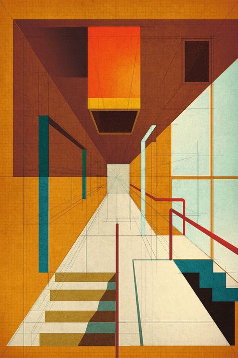 Mid Century Modern Architecture, No 26, Architecture Collage, Bauhaus Design, Architecture Poster, Affinity Designer, Architecture Interiors, Architecture Illustration, Mid Century Modern Art