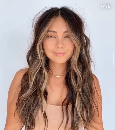 Brown Hair Blonde Around Face, Brown Hair With Blonde Highlights Around Face, Curly Hair With Front Highlights, Level Six Hair With Highlights, Long Hair Layers Face Framing Bangs, Long Hair With Blonde Streaks, Brown To Blonde First Session, Carmel Front Pieces Hair, Brunette Halo Highlights