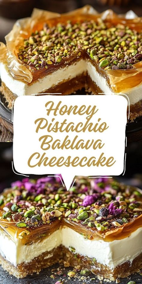 Honey Pistachio Baklava Cheesecake Ingredients: For the Base: 10 sheets of phyllo pastry (thawed) Approx. 2 sticks unsalted butter, melted 1 cup roasted walnuts 1 cup roasted almonds 1 tsp. ground cinnamon 1/4 tsp. salt 2 Tbsp. melted butter Cheesecake Filling: 500g cream cheese (room temperature) 1 cup granulated sugar Pinch of salt 2 tsp. vanilla extract 1 Tbsp. lemon zest 1 Tbsp. lemon juice 1 Tbsp. corn starch 3 large eggs (room temp.) #Honey #Pistachio #Cheesecake Honey Baklava Cheesecake, Baklava Pistachio Cheesecake, Pistachio White Chocolate Cheesecake, Pistachio Baklava Cheesecake, Honey Pistachio Baklava Cheesecake, Pistachio Baklava Recipe, Baklava Cheesecake Recipe, Cheesecake Baklava, Honey Baklava