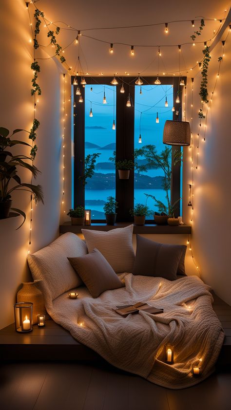 Create Ambiance: Bedroom Mood Lighting Inspiration Fairy Lights Couch, Cosy Fairy Lights, Bedroom Lighting Fairy Lights, Room With Lights Aesthetic, Star Fairy Lights Bedroom, Reading Nook With Fairy Lights, Fairy Lights Bedroom Window, Cosy Bedroom Lighting, Star Light Bedroom