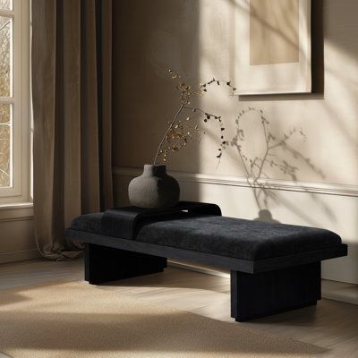 Elegant and eye-catching, the stunning chenille fabric Bryaunna bench is the perfect addition to any space. Color/Pattern: Black/Black | Wade Logan® Bryaunna Chenille Fabric Bench Wood / Chenille / Upholstered in Black | 19.5 H x 65 W x 26 D in | Wayfair Long Upholstered Bench, Modern Bed Storage, Black Bed Bench, Velvet Bench Bedroom, Black Furniture Living Room Decor, Bench Design Interior, Bench In Living Room, Modern Bench Design, Daybed Bench