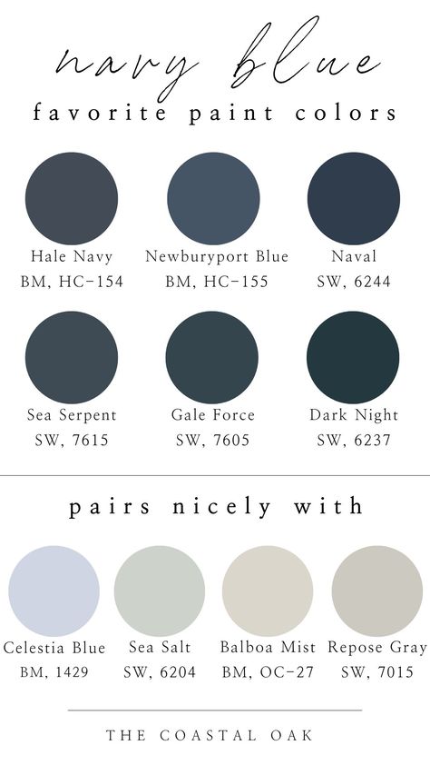 Paint Colors To Compliment Navy Blue, Coordinating Colors With Navy Blue, Neutral Blue Wall Color, Light Navy Paint Color, Dark Blue Paint Scheme, Grey Navy Paint Color, Colors That Go With Navy Blue Bedrooms Accent Walls, Coastal Dark Blue Paint, Victorian Blue Paint Color