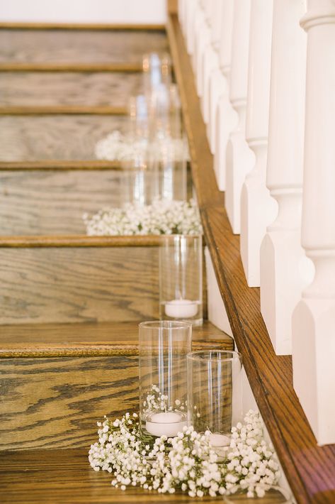 Wedding Decor On Stairs, Home Weddings Indoor, Wedding Decorations For Stairs, Wedding Decor Staircase, Diy Wedding Stairs Decor, White Floating Candles Wedding, Staircase Decorations For Wedding, Stairs Wedding Decor, Hallway Decorating Wedding