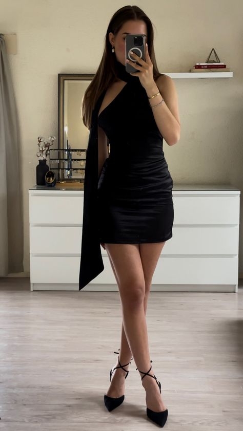 Outfit inspo | black silk dress | Monaco casino dress | high heels | revolve Short Dresses Graduation, Cute All Black Outfits, Monaco Casino, Dresses Elegant Short, Black Silk Mini Dress, Casino Dress, All Black Dresses, V Dress, Satin Homecoming Dress