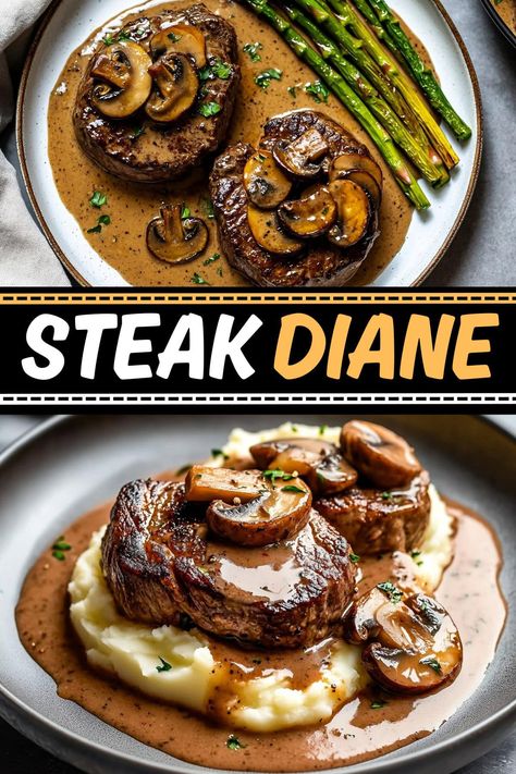 This classic Steak Diane is a feast for the senses! Tender steak is smothered in a savory sauce loaded with mushrooms and exquisite flavor. Light Steak Dinner Recipes, Recipes For Minute Steak, Cheesecake Factory Steak Diane Recipe, Steak Mushroom Recipes, Angus Steak Recipes, Mushroom Steak Recipes, Stake Recipe Dinners, Dinner Ideas With Steak, Steak Meal Ideas