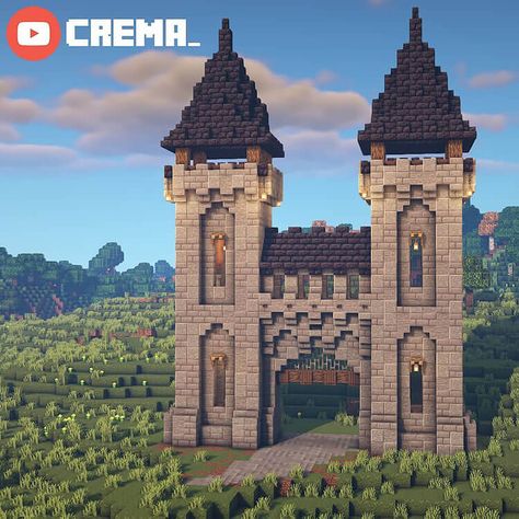 These Minecraft castle build ideas are perfect for your medieval village. There are survival castles, starter castles, epic castles, and more. This is a build of a castle gate or wall. Minecraft Castle Side Of Mountain, Minecraft Builds Midevil, How To Build Minecraft Castle, Minecraft Castle Pillar, Cobblestone Castle Minecraft, Elvin Castle Minecraft, Small Medieval Castle Minecraft, Minecraft Kingdom Entrance, Midevil Buildings Minecraft