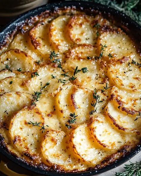 Crispy Parmesan and Gruyere Potato Gratin - Miarecipes Lobster Cream Sauce, Thanksgiving Casserole, Caramelized Shallots, Crispy Cheese, Potato Gratin, Cheese Topping, Potato Side Dishes, Dinner Sides, Creamy Cheese