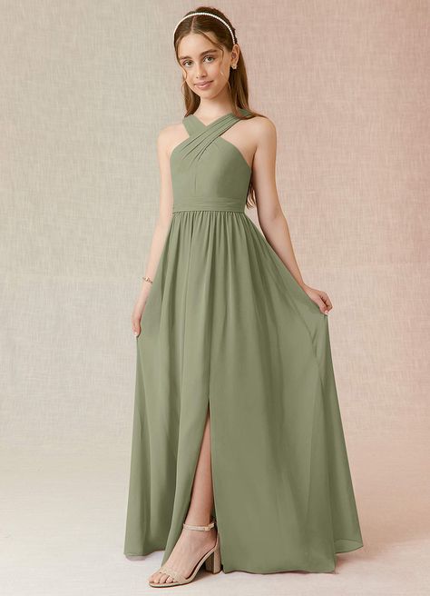 Amethyst Azazie Jiya JBD Junior Bridesmaid Dresses | Azazie Bridesmaid Dresses Green, Bridesmaid Dresses Dusty Sage, Plus Size Bridal Dresses, Junior Girl Dresses, Olive Style, Bridesmaid Dresses Azazie, Sage Green Dress, Sage Dress, Junior Bridesmaid Dress