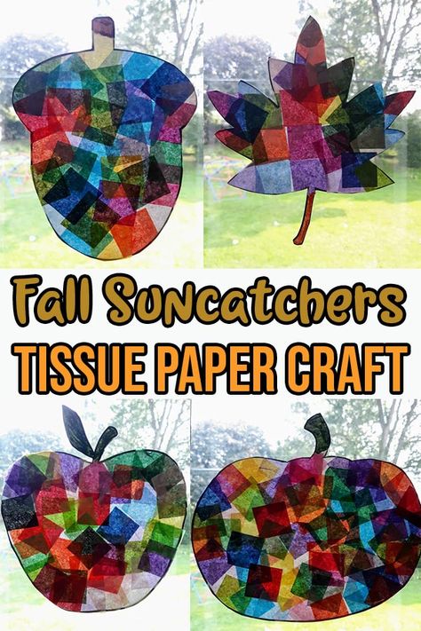 Tissue Paper Craft Preschool, Fall Sun Catchers Preschool, Tissue Paper Fall Crafts, Tissue Paper Halloween Crafts, Fall Suncatcher Craft, Halloween Tissue Paper Crafts, Memory Care Crafts, Tissue Paper Art For Kids, Tissue Paper Sun Catcher