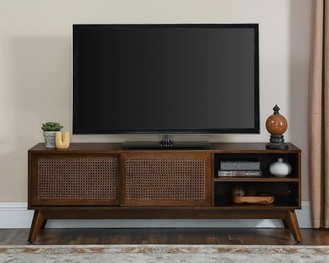 Amazon.com: LKTART 59 Inch Mid Century Modern TV Stand with Rattan Cabinet Doors, Boho TV Stand for 65 Inch TVs, Living Room/Bedroom TV Stand, Light Wood : Home & Kitchen 65 Inch Tv Living Room, Rattan Cabinet Doors, Boho Tv Stand, Tv Stand Light Wood, Boho Tv, Hide Clutter, Mid Century Modern Tv, Rattan Cabinet, Bedroom Tv Stand