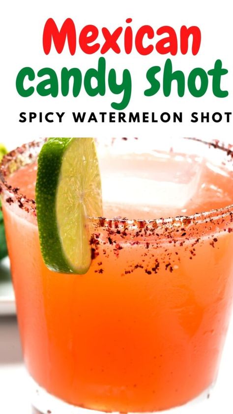 Hello Shots With Tequila, Mexican Candy Alcoholic Drinks, Watermelon Candy Shots, Mexican Shooters, Tequila Mixed Shots, Mexican Candy Shots Recipes, Spicy Alcoholic Drinks Recipes, Mexican Candy Alcohol Drink, Spicy Alcoholic Drinks