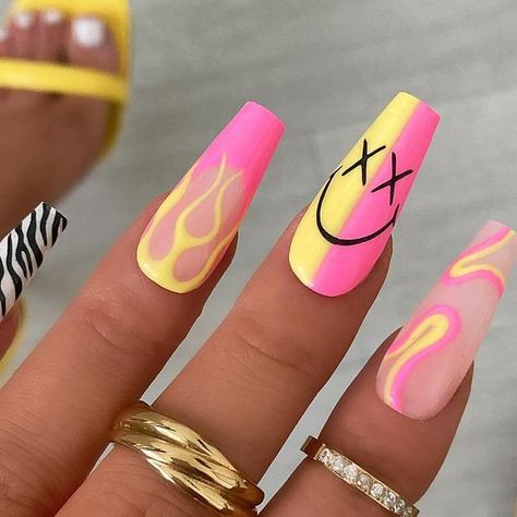 PRESS ON NAILS 🖤 on Instagram: "Keeping it bright & funky all summer long! ☀️💖  Using all @glitterbels  Code “JUNEGBC” for discount 💘  All rings are from @bohomoon code “PRESSEDBY10” for discount ✨✨  Set price £27   #funkynails #brightnails #festivalnails #nailinspo #nailinspiration #nailart #pressonnails #pressonnailsuk #naildesign #naildesigns #glitterbels" 2024 Nails, Simple Acrylic, Simple Acrylic Nails, Nail Biting, Bright Nails, Festival Nails, Nails 2024, Coffin Nails Designs, Nail Inspiration