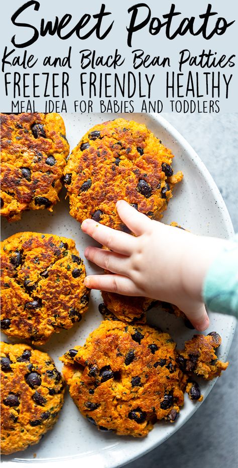 These Sweet Potato, Kale and Black Bean Patties are an easy way to get picky toddlers to LOVE eating vegetables!  This healthy toddler meal idea can be made ahead of time, is freezer friendly, and perfect for baby led weaning.  |  healthy baby food recipes | vegetable recipes for babies and toddlers | 1 year old food ideas Blw Black Bean Recipes, Baby Veggie Patties, Vegetarian Baby Meals, Black Beans For Baby, Healthy Meals For One Year Old, Veggie Ideas For Toddlers, Blw Protein Ideas, Beans For Toddlers, Toddler Food Ideas One Year Old