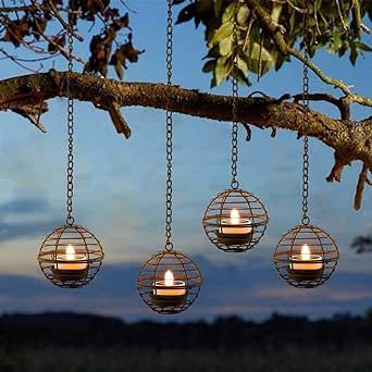 Solar Hanging Lanterns Outdoor Waterproof, Rust Iron Ball Candle Holder with Flickering Solar Powered Tea Lights, Perfect Chargeable Solar Lights for Backyard Patio Garden Fence Tree Decoration-4Pack Lights For Backyard, Backyard Solar Lights, Backyard Patio Garden, Fence Trees, Lanterns Outdoor, Solar Hanging Lanterns, Outdoor Lantern Lighting, Ball Candles, Outdoor Aesthetic