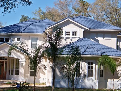 White House Blue Roof, Blue Shingles Roof, Blue Roof House Colors Exterior Paint, Roof Tiles House, Blue Roof Tiles, Blue Roof House, House With Blue Roof, Tiles House, Metal Shingle Roof