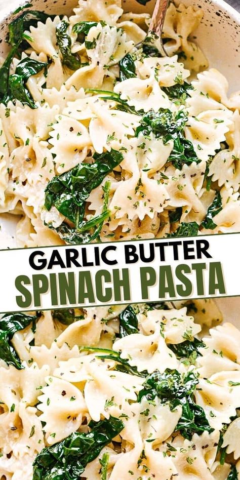 Garlic Butter Pasta is an easy recipe with fresh spinach and bow tie pasta tossed in a delicious and warm garlic-butter sauce. Pasta And Spinach, Italian Chicken Pasta Recipes, Garlic Butter Pasta, Italian Chicken Pasta, Pasta With Spinach, Bow Tie Pasta, Resep Pasta, Pasta Alfredo, Butter Pasta